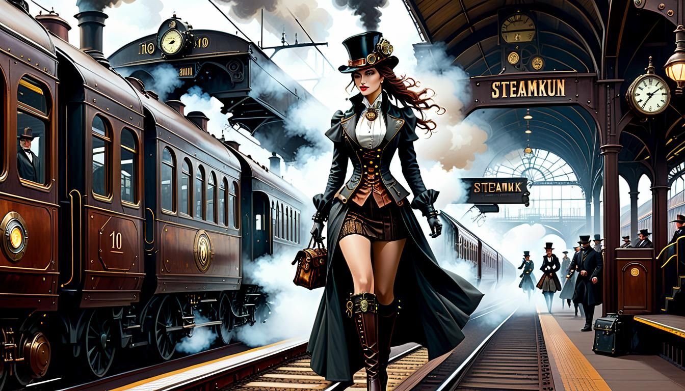 Steampunk Woman on Train Platform in Digital Art