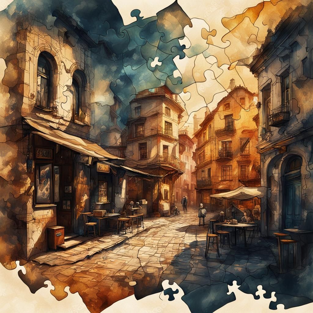 Modern European Street Scene Ink Painting with Puzzle Elemen...