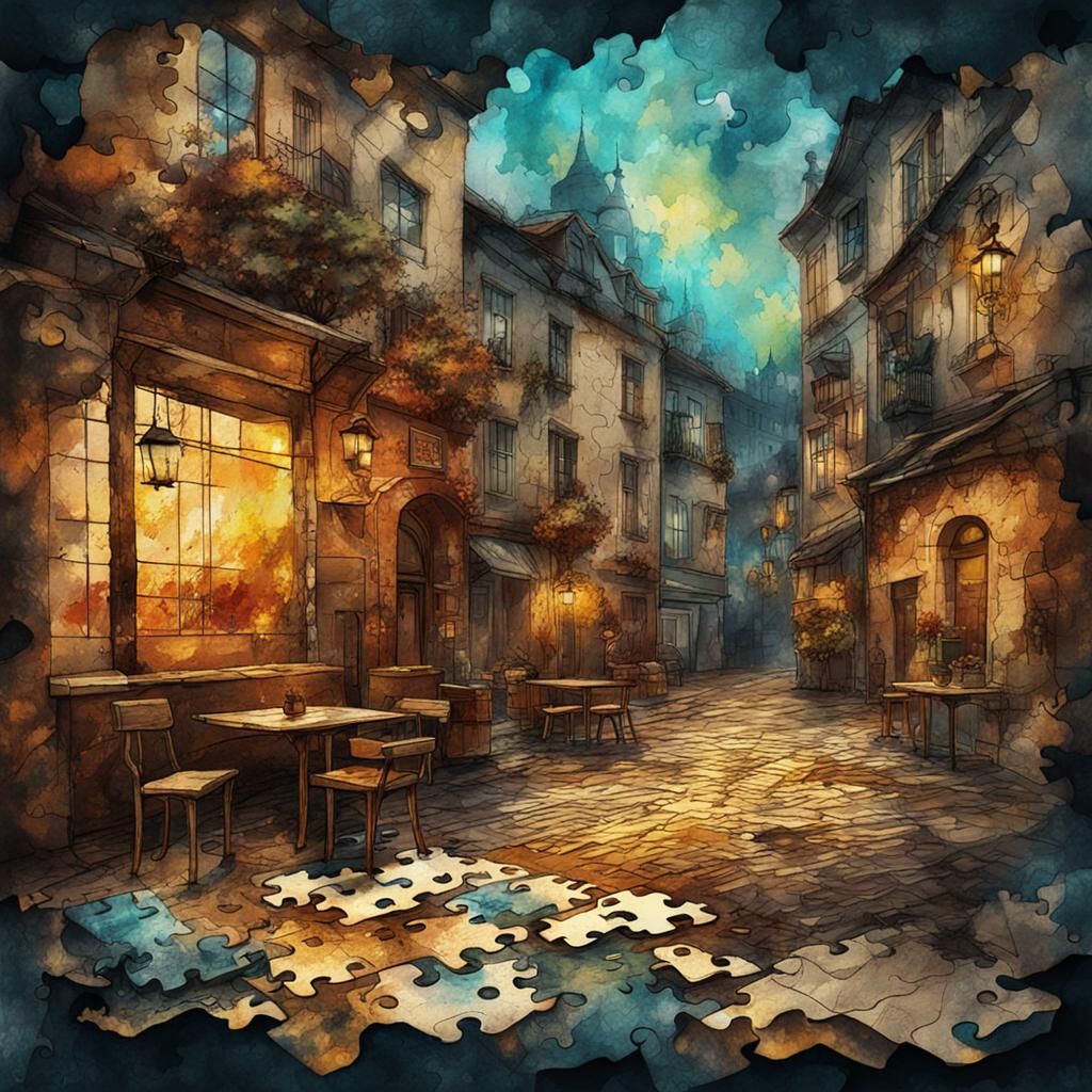 Modern Ink Painting of European Street Puzzle