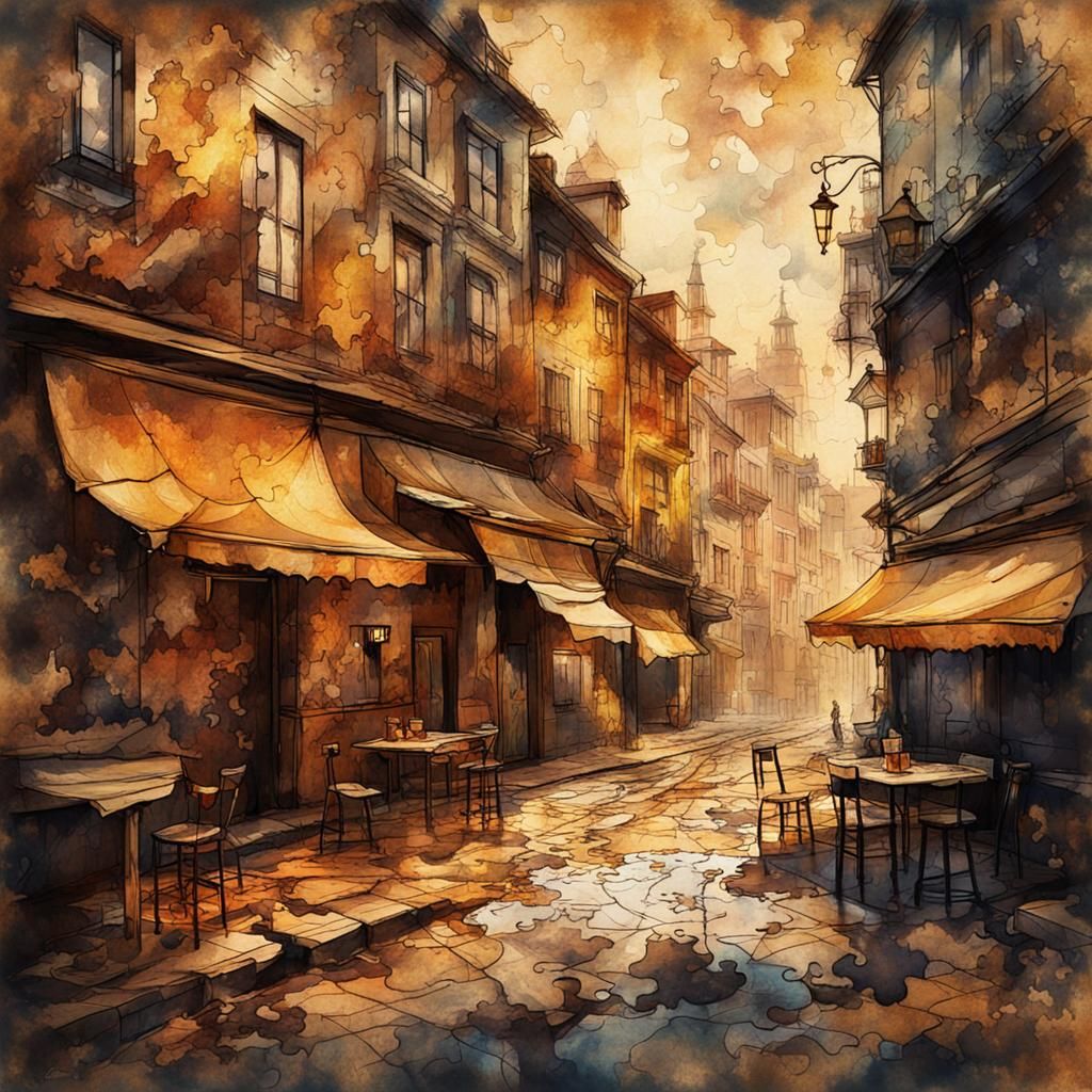 Modern European Street Scene in Ink