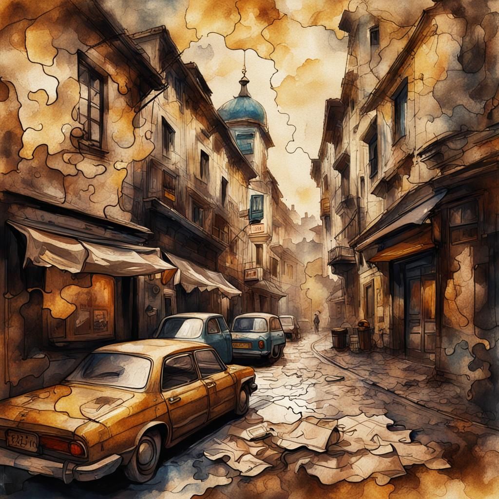 European Cityscape in Vintage Ink Painting Style