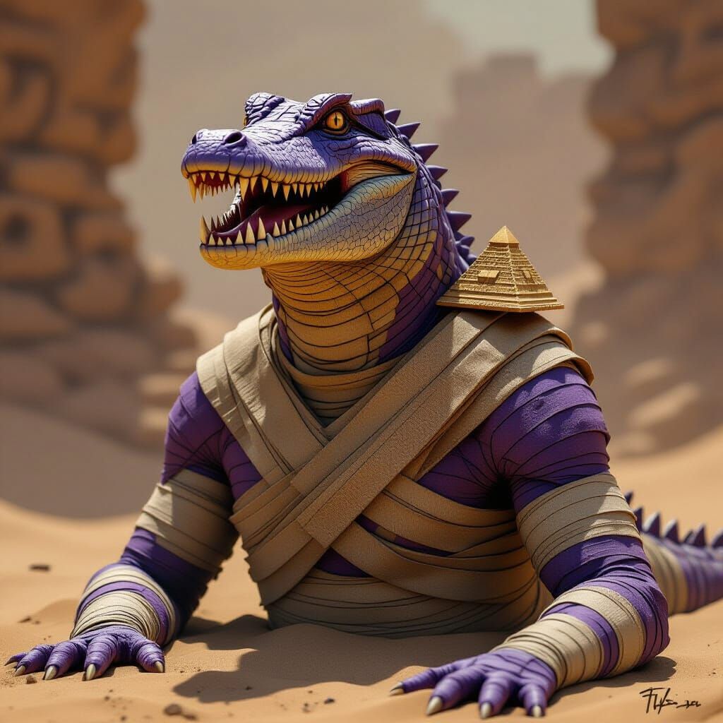 Mummified Purple Crocodile God with Pyramids and Bone Teeth