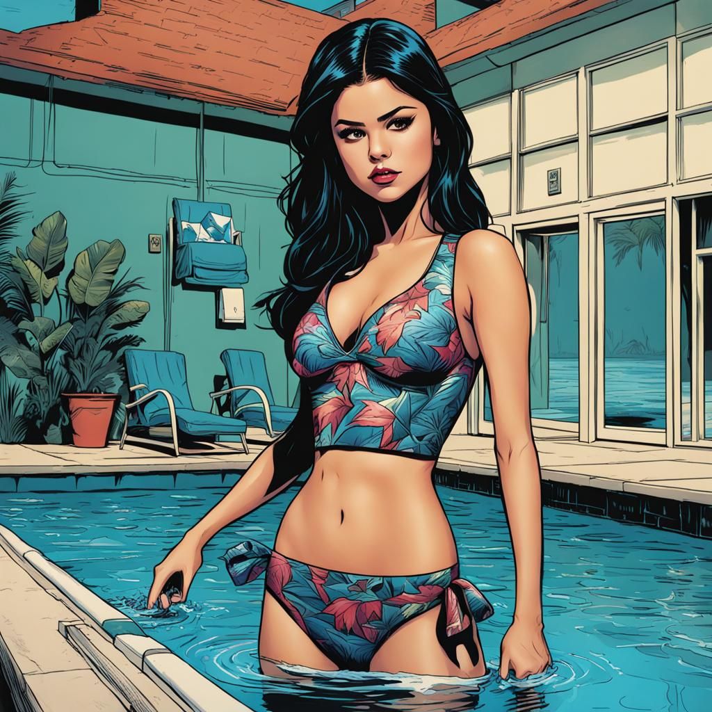 Woman in Swimsuit by Pool in Comic Book Style