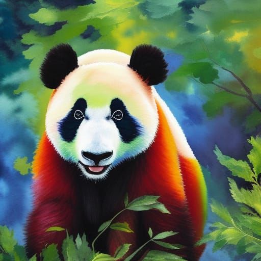 Rainbow Panda in Impressionist Gouache Style