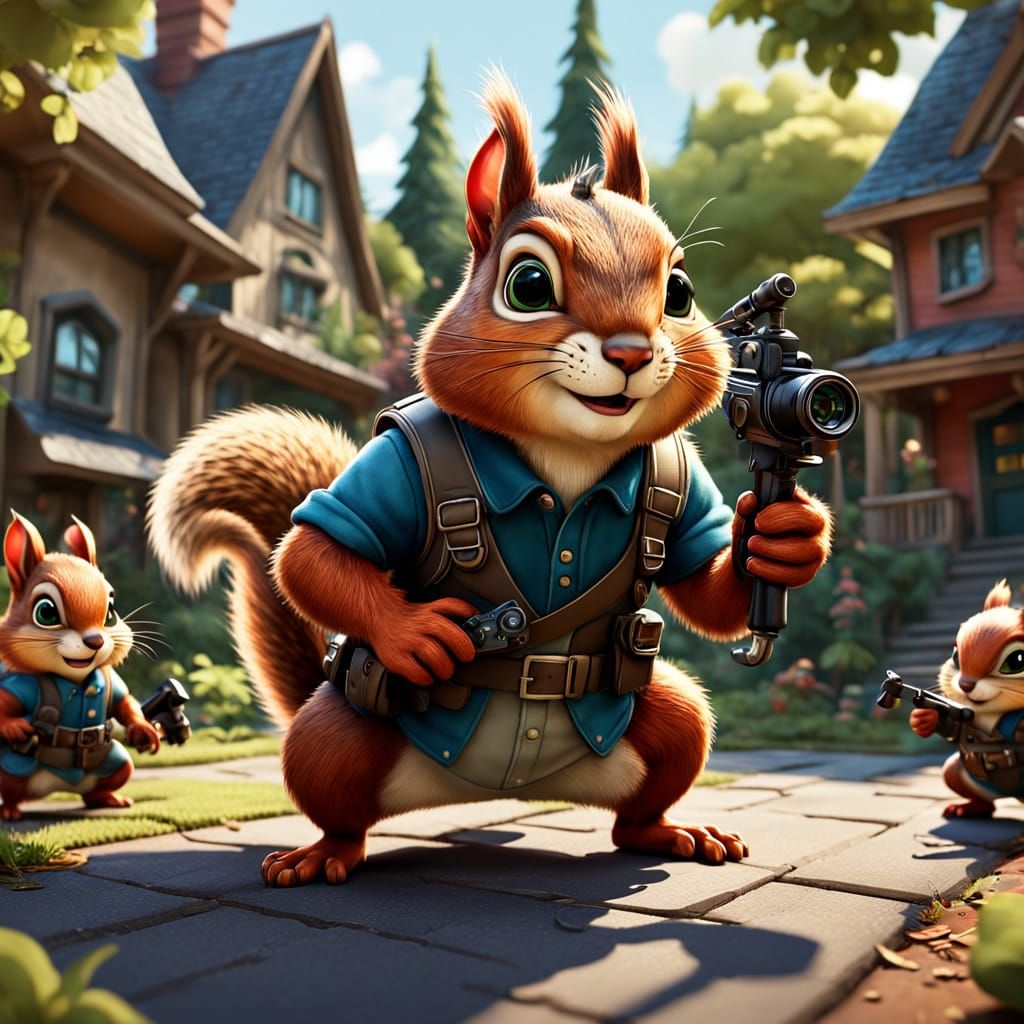 Cartoon Squirrels Plot Acorn Heist in Whimsical Style