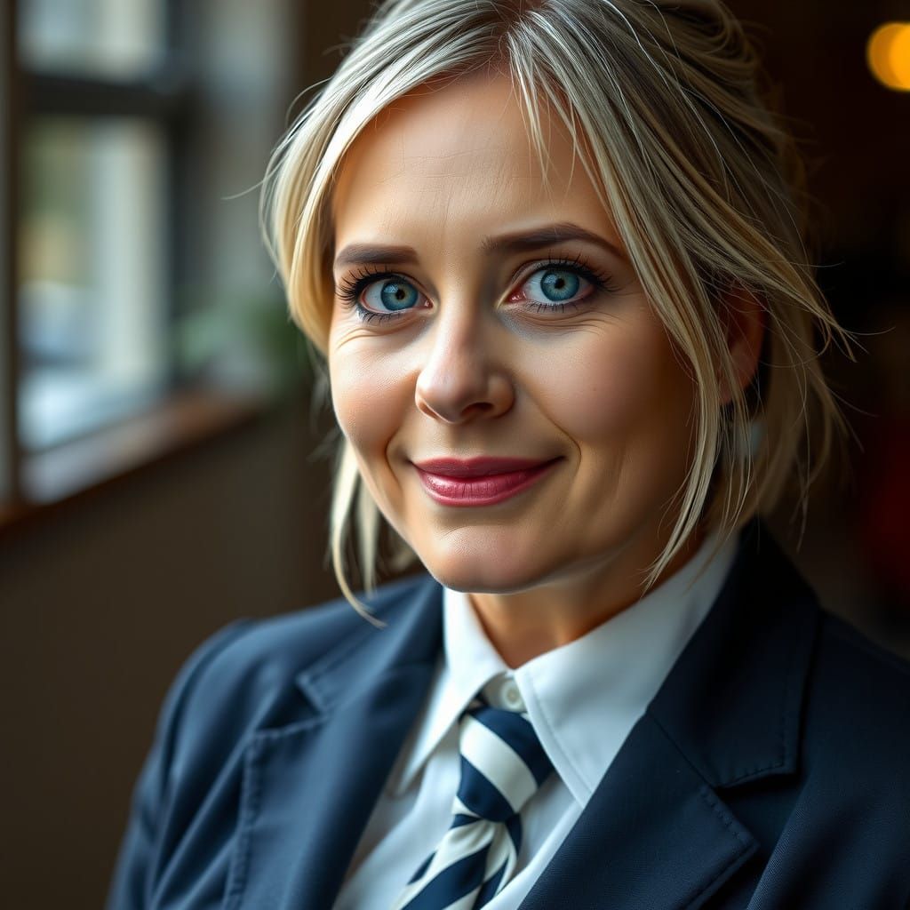 Strict British Schoolgirl Confidently Smiles in Professional...