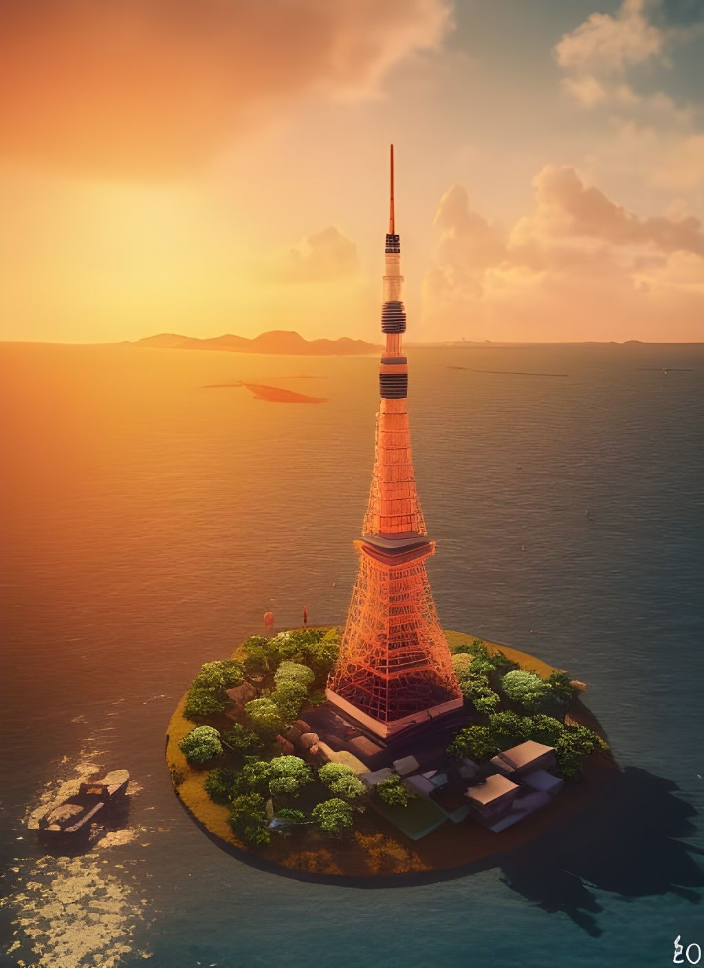 Tokyo Tower on Tropical Island at Sunset