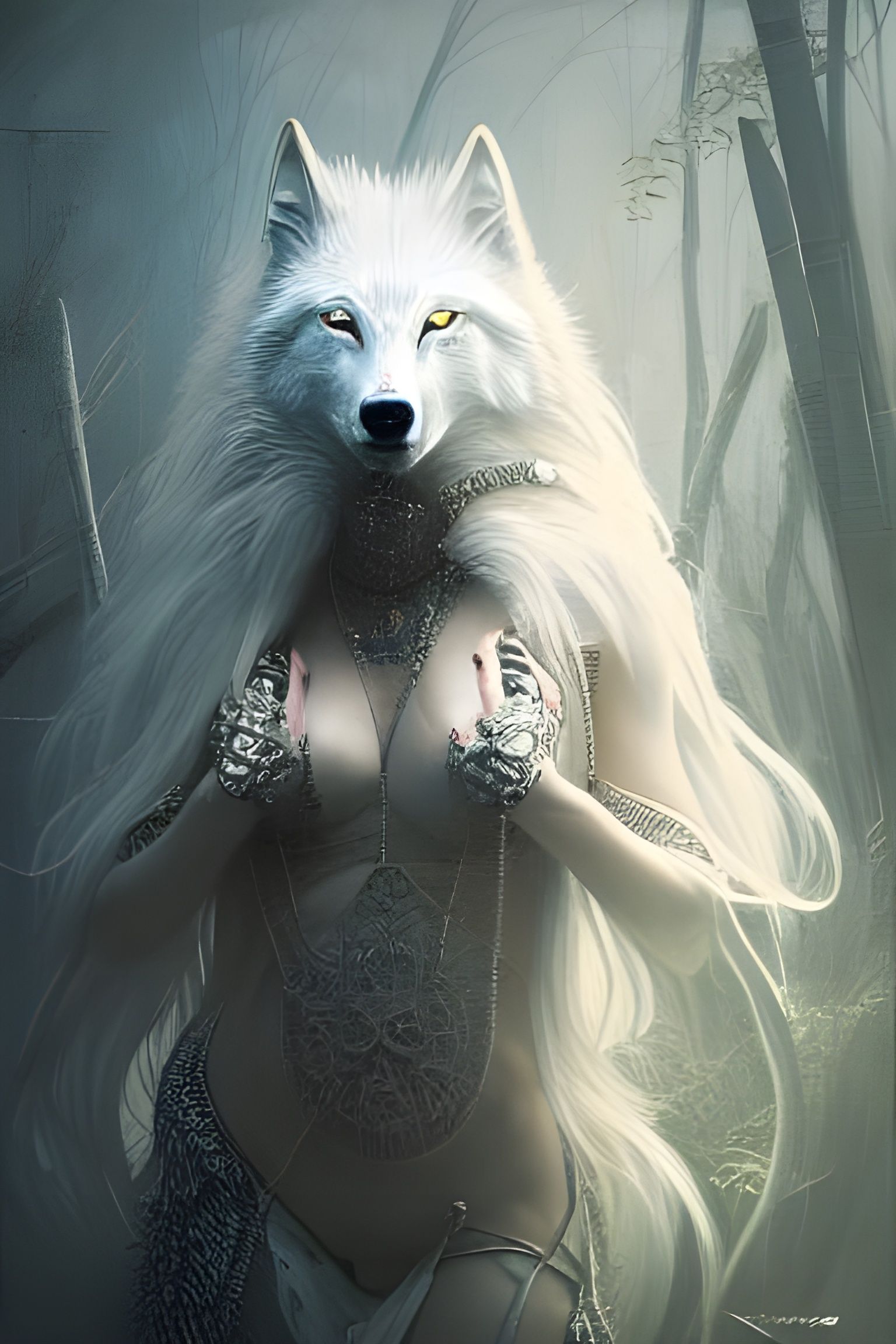 Elaborate White Wolf Woman: Fantasy Art