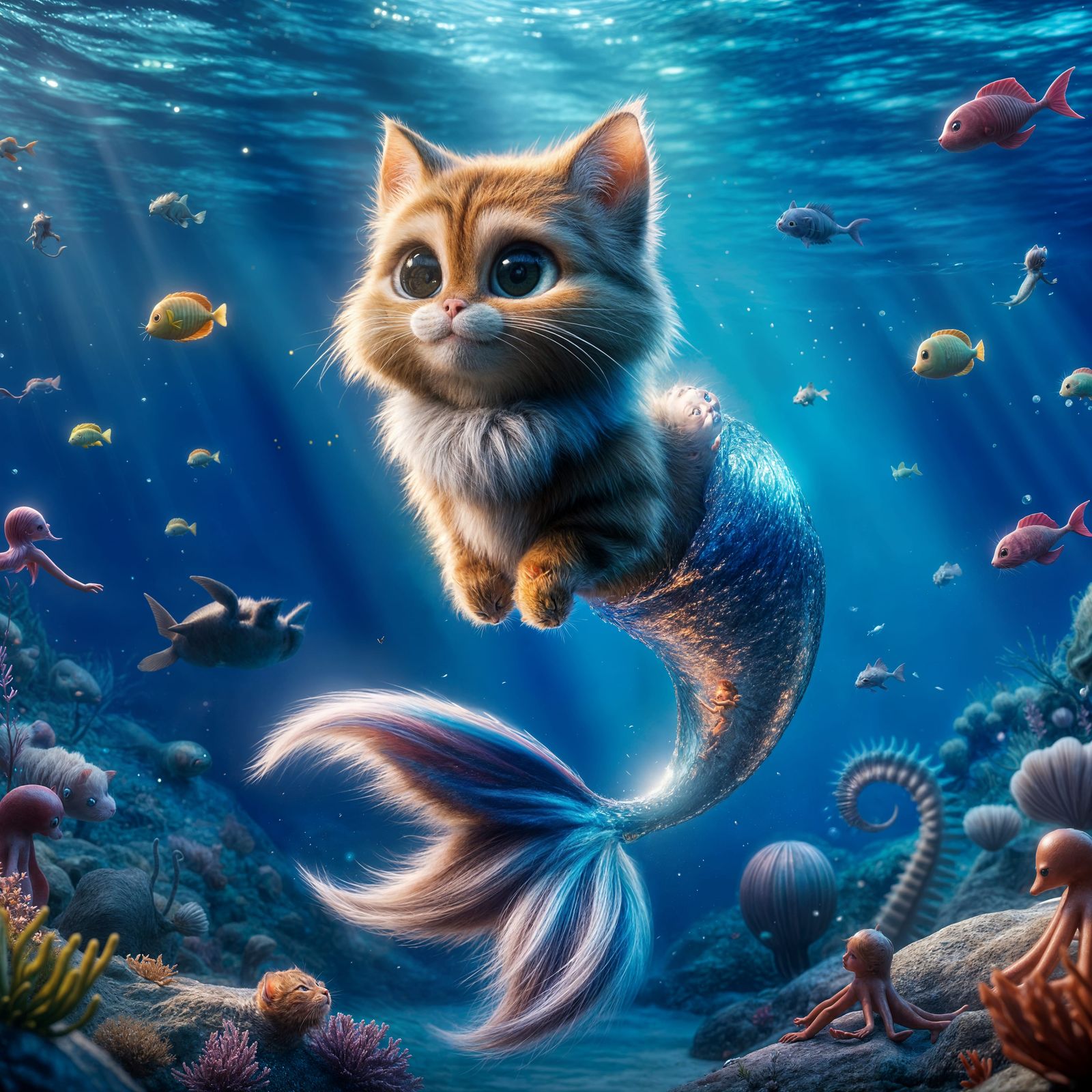 Cat Mermaid Swimming in Tranquil Ocean: CGI Cartoon