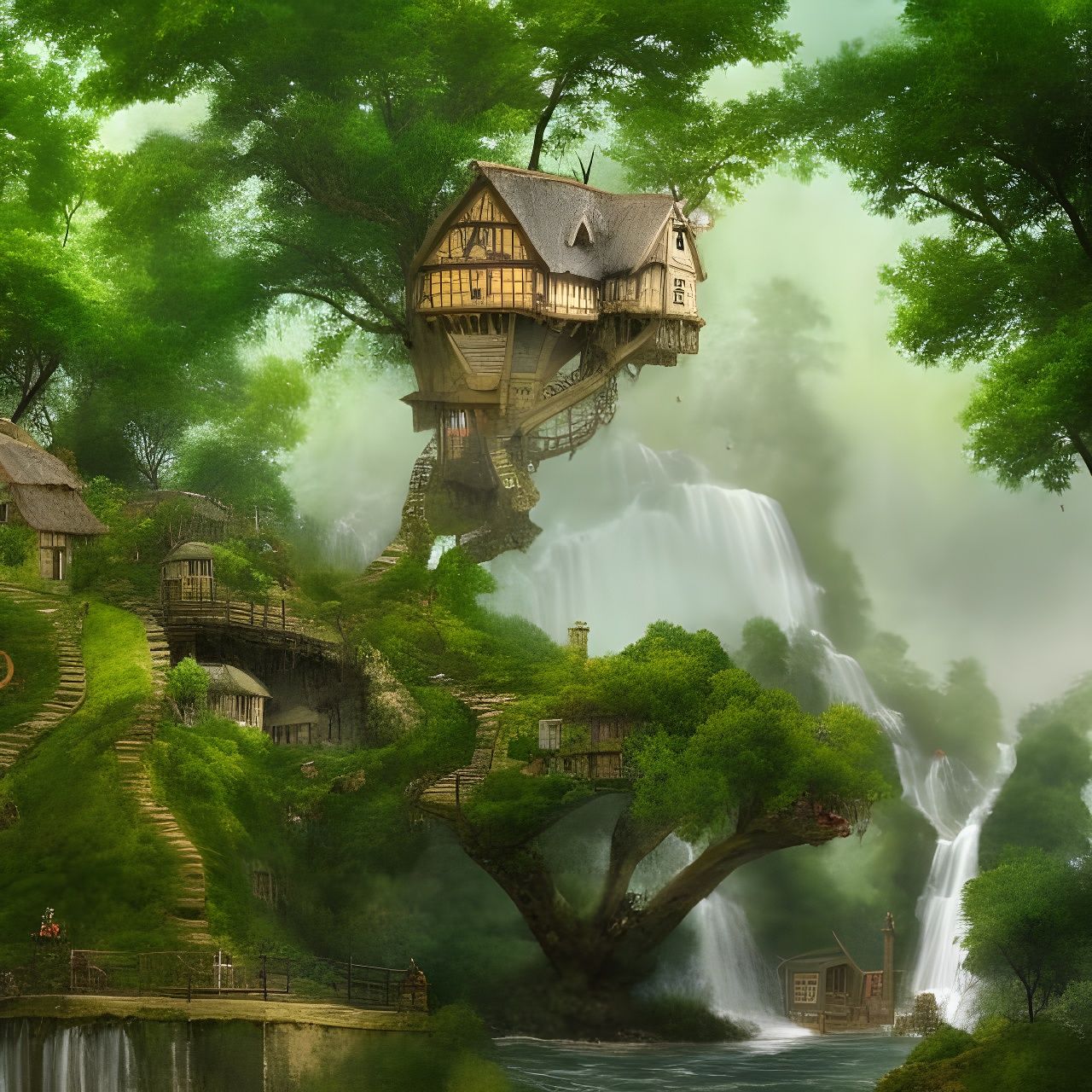 Medieval Treetop Village on a Giant Tree