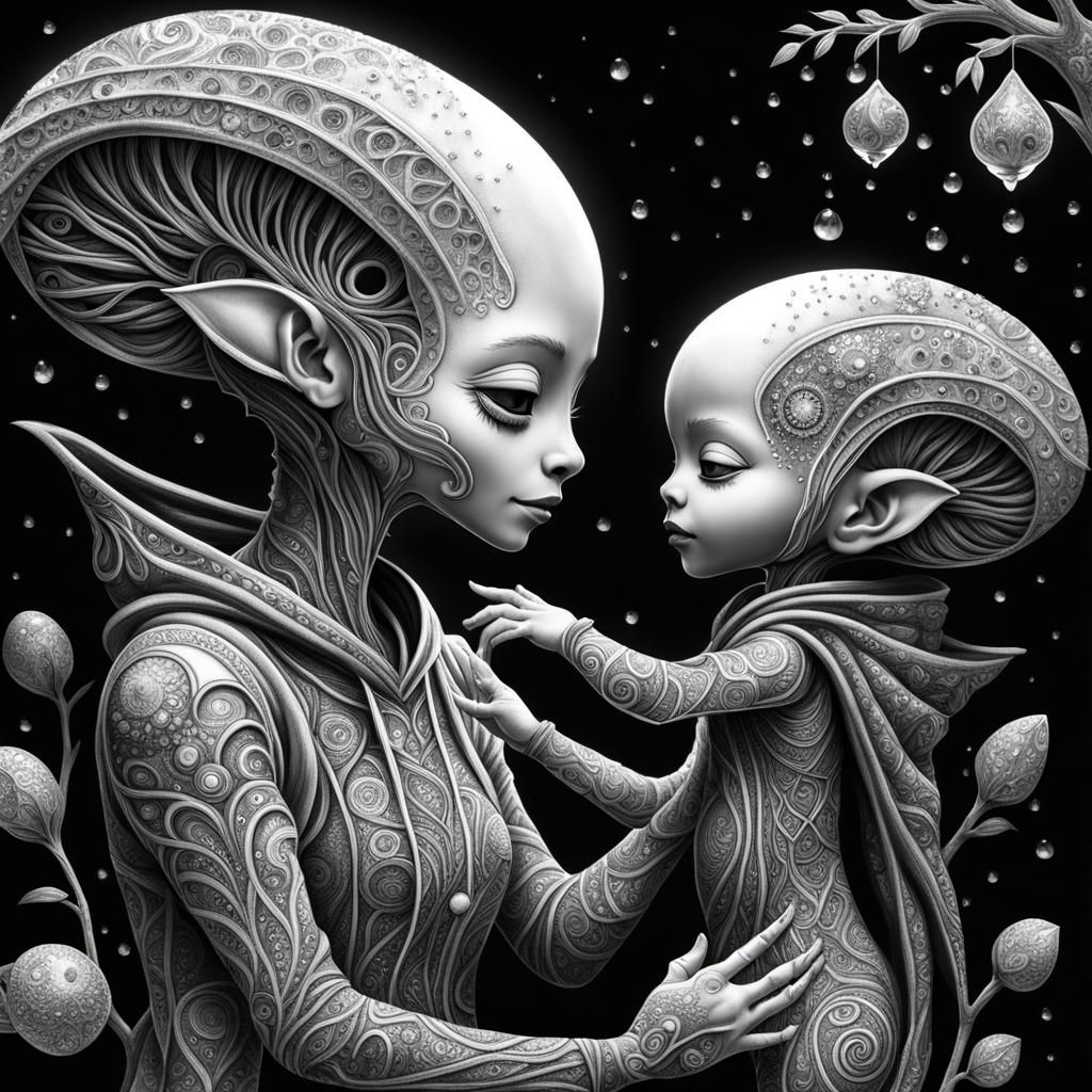 Intricate Pencil Drawing: Alien Mother and Baby