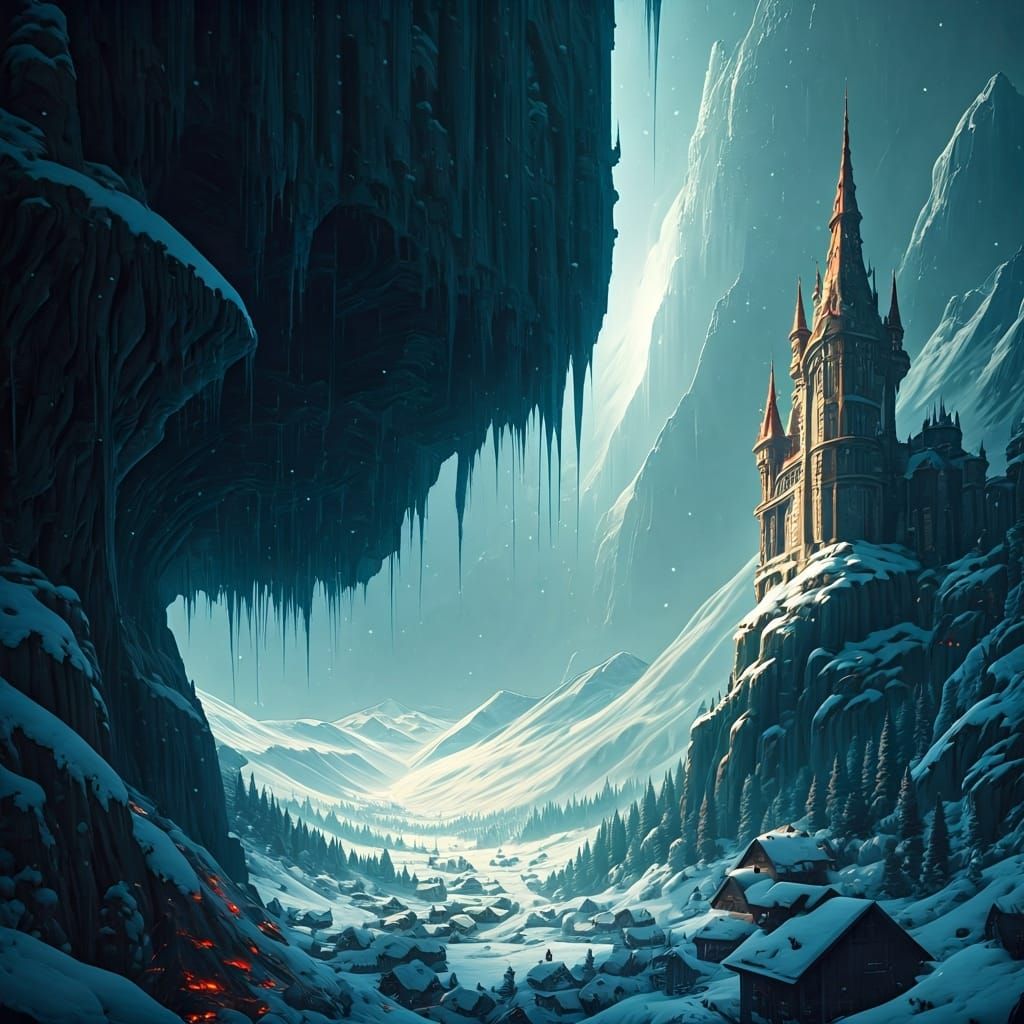 Snowy Mountain Village with Fantasy Castle