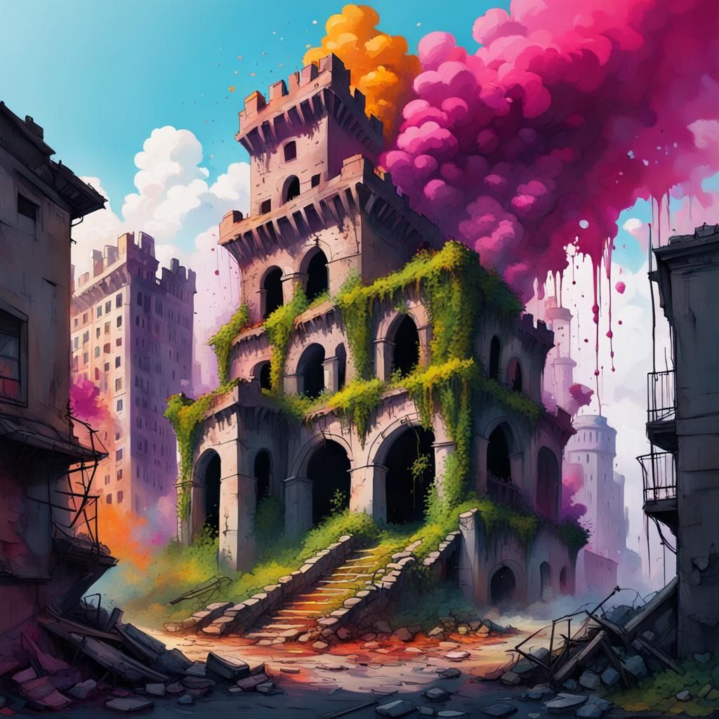 Castle Ruins in Modern Graffiti World