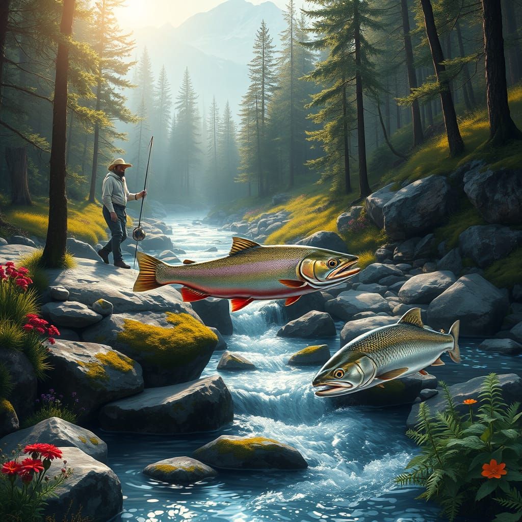 Mountain Stream Scene in Semi-Realistic Painterly Style
