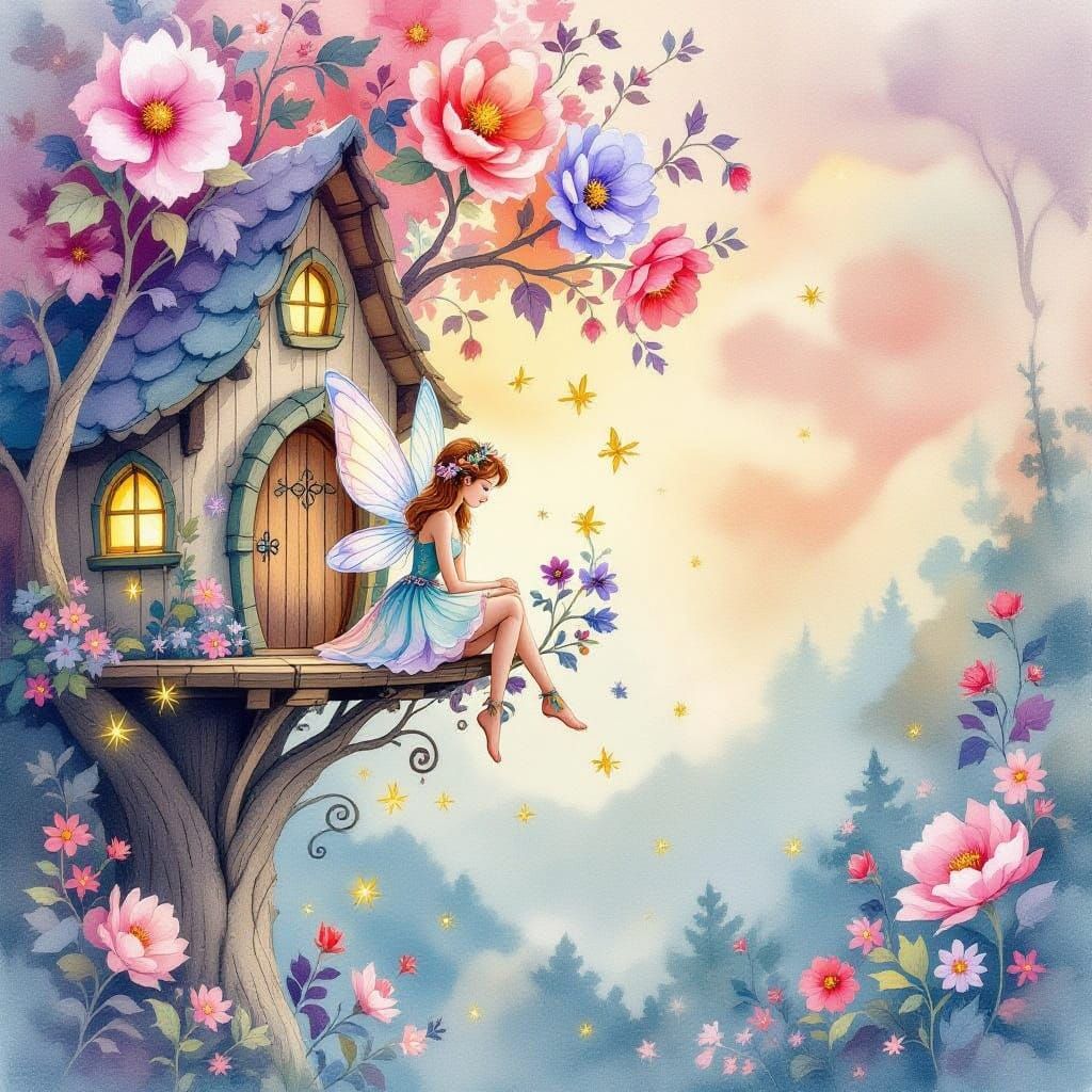 Whimsical Fairy Perched in Enchanted Watercolor Treehouse