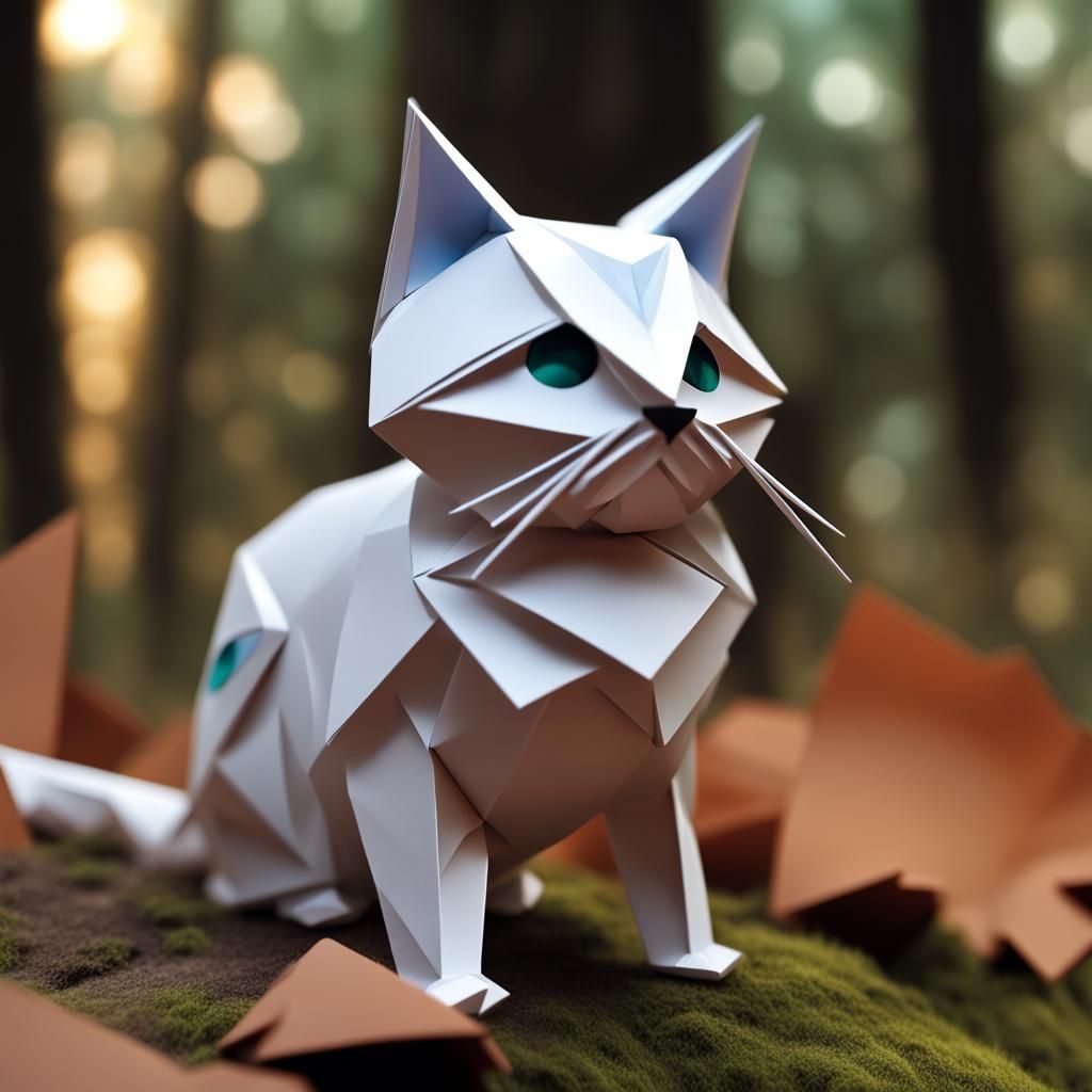 Origami Cat in Magical Forest Papercraft