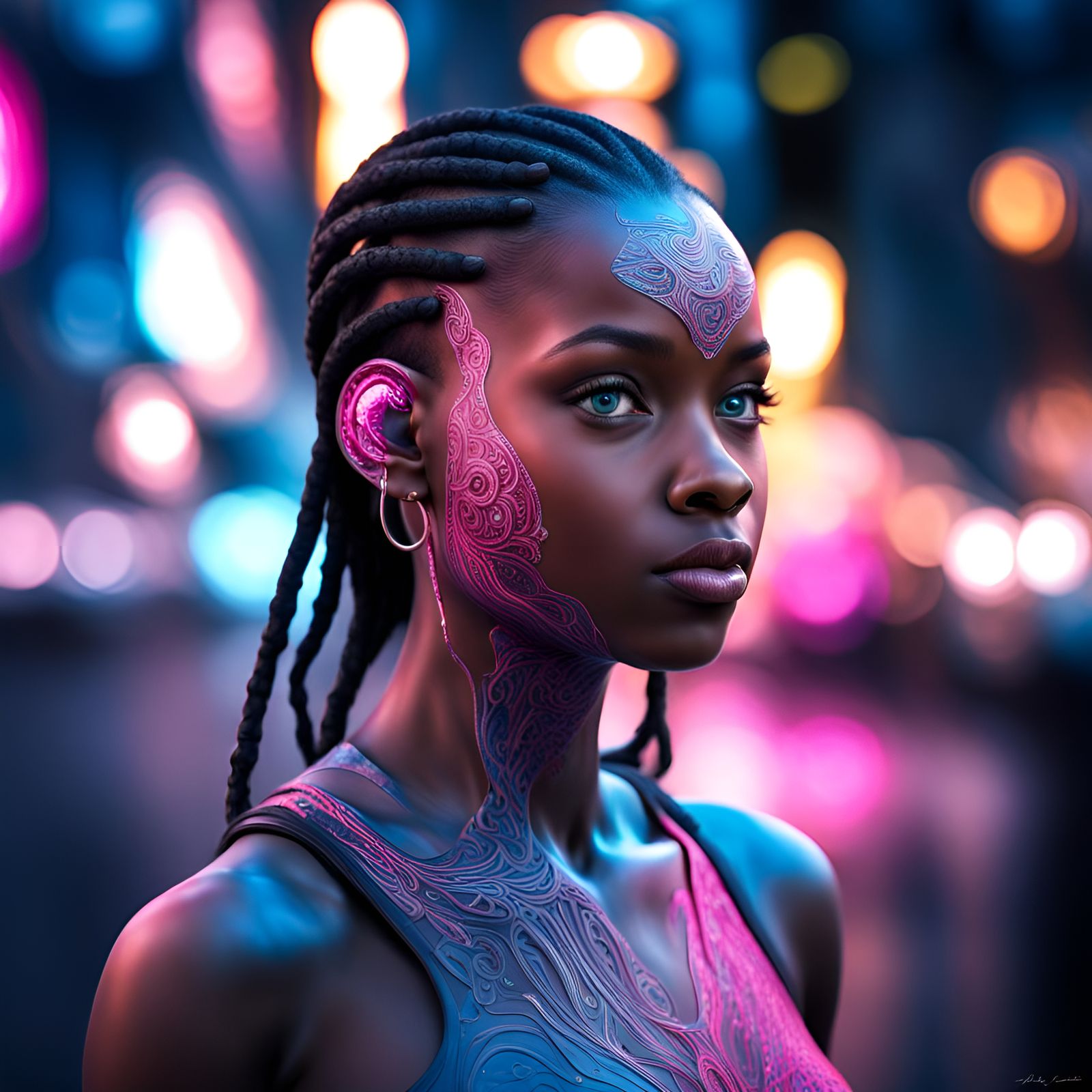 Blue-Eyed Girl in Pink Dress, Hyperrealistic Image