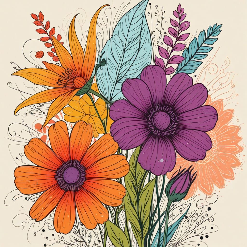 Summer flowers growing on a hot sunny day. drawn with calligraphic lines