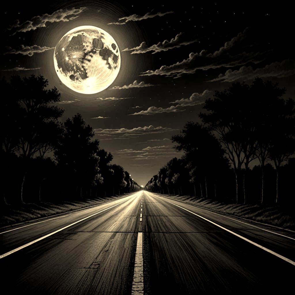 Moonlit Black and White Highway in Charcoal Drawing Style