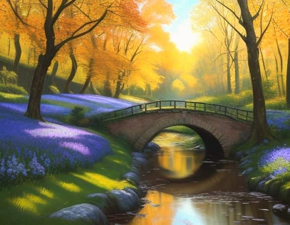 Impasto Oil Landscape: Cottage, Creek, and Rainbow