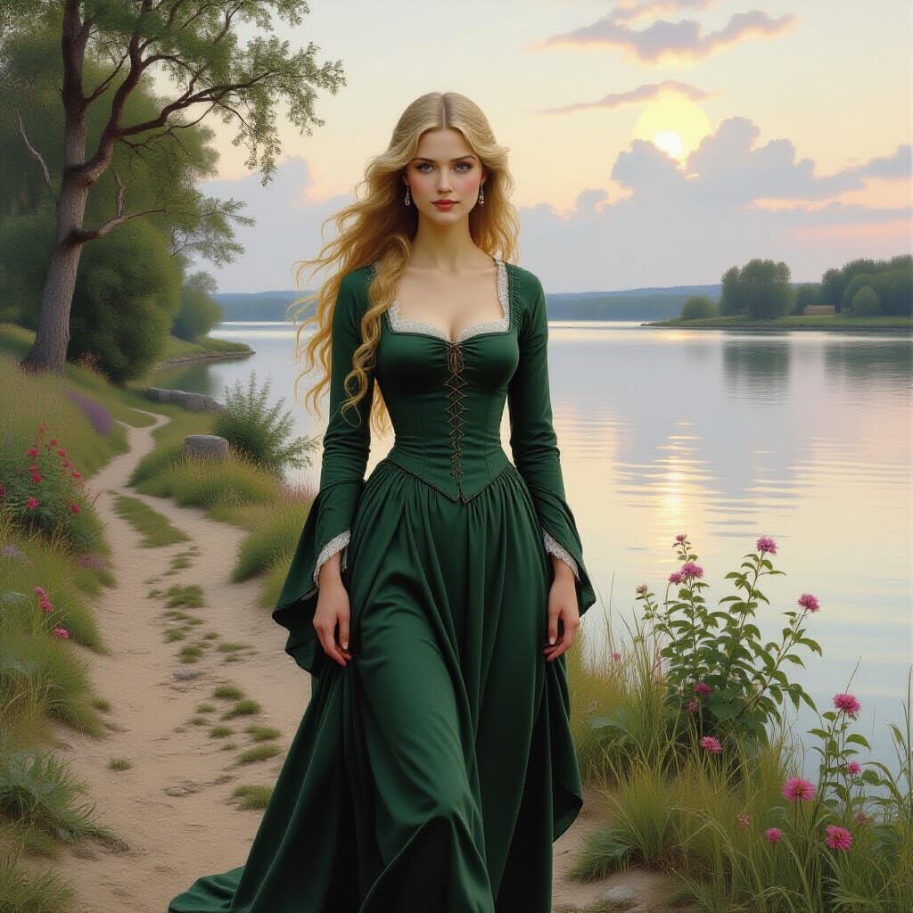 Medieval Noblewoman in Lakeside Landscape, Pre-Raphaelite St...