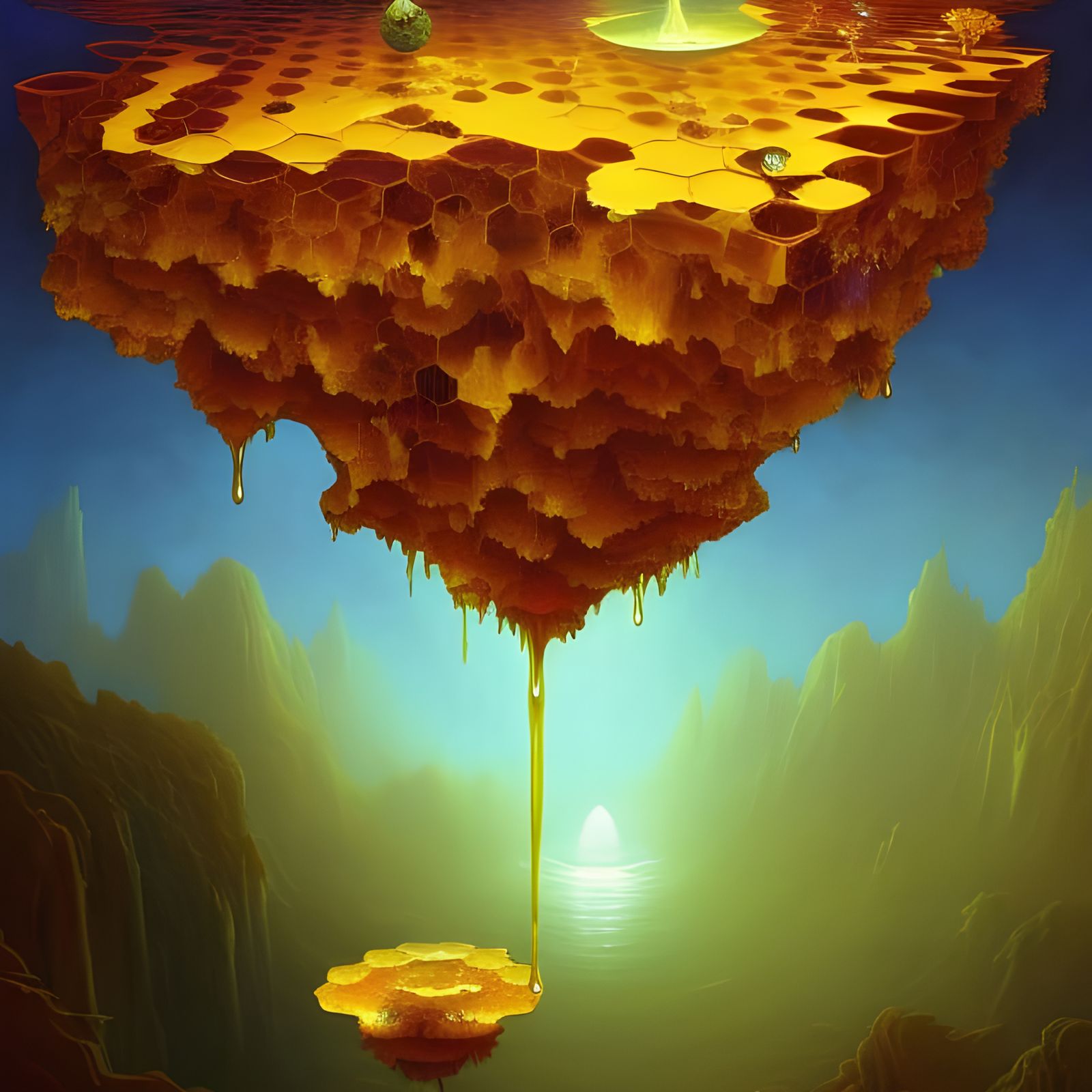 Floating Honeycomb Island Dreamscape in Sci-Fi Fantasy Style
