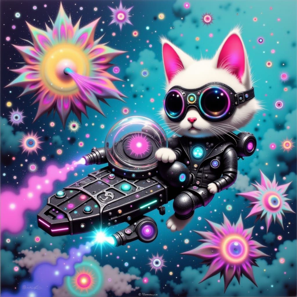 Cosmic Kitty Piloting Spaceship in Celestialpunk Style