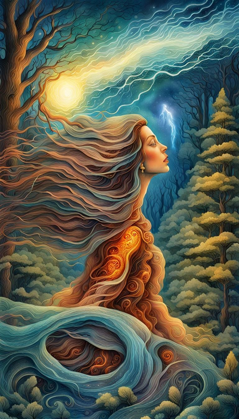 Woman with Thunder in Forest, Watercolor Fairytale