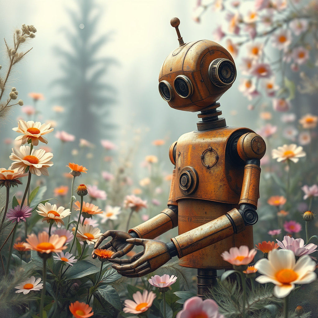 Robot Tending Flowers in Dreamlike Garden