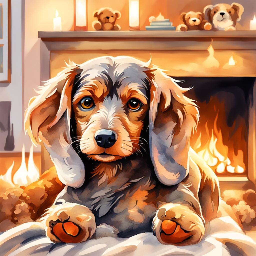 Whimsical Fireplace Gathering in Watercolor