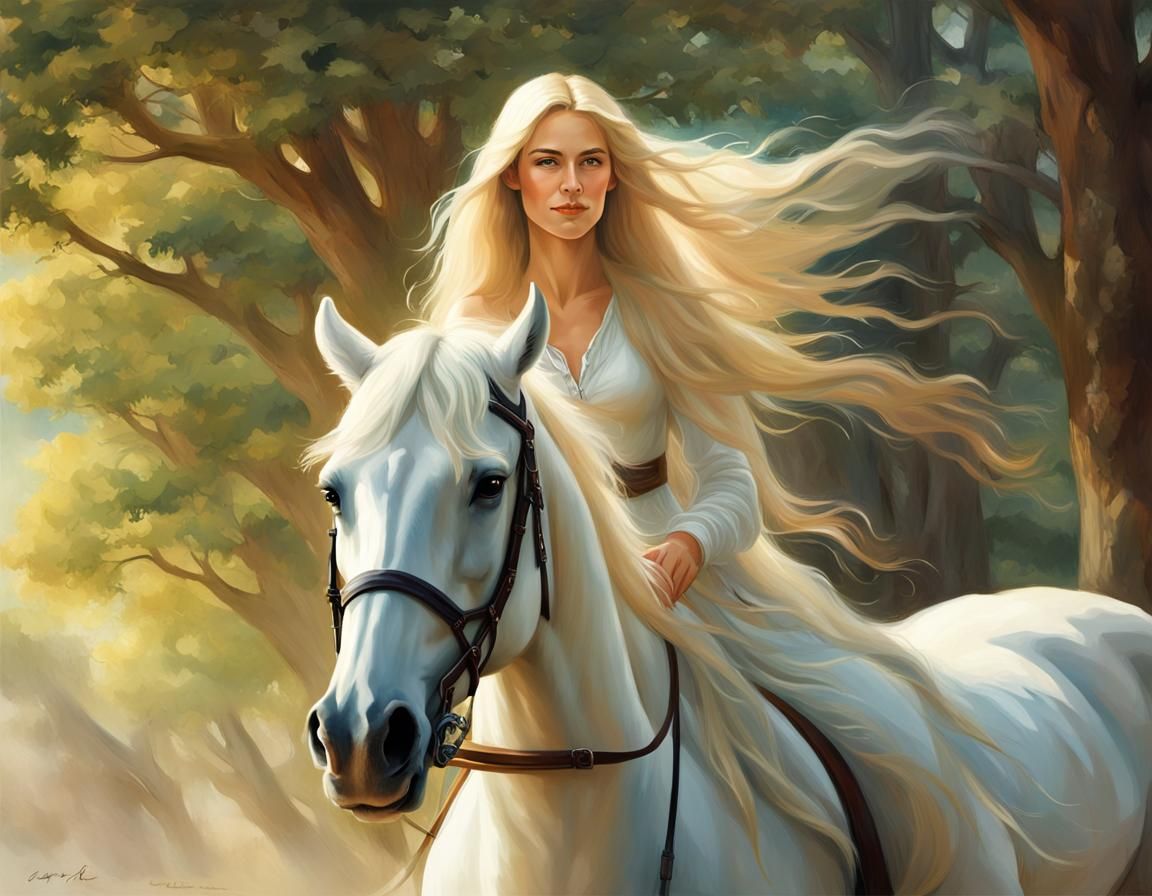 Lady Godiva Smiling Portrait on White Horse