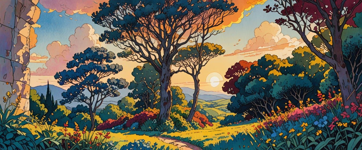 Exotic Flowers Under a Bright Watercolor Sky