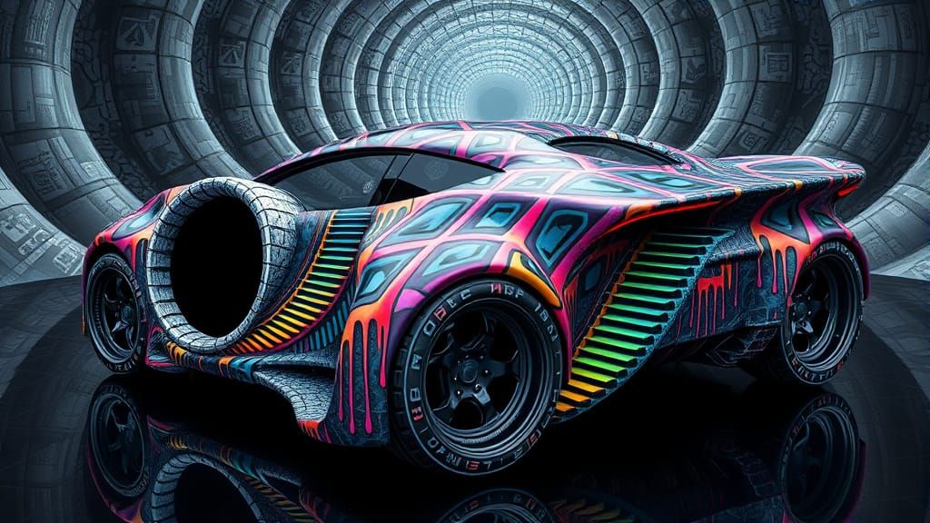 Futuristic Biomechanical Car in M C Escher-Style Optical Ill...