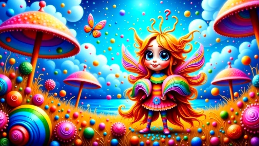 Whimsical Butterfly with Rainbow Wings and Confused Expressi...