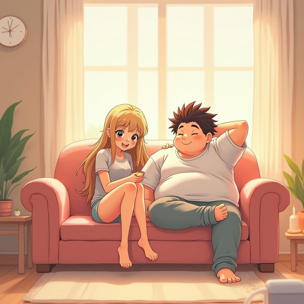 Cozy Anime-Style Living Room Scene with Laid-Back Guy