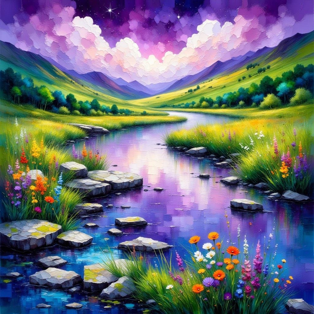 Vibrant River in Impasto Painting Style