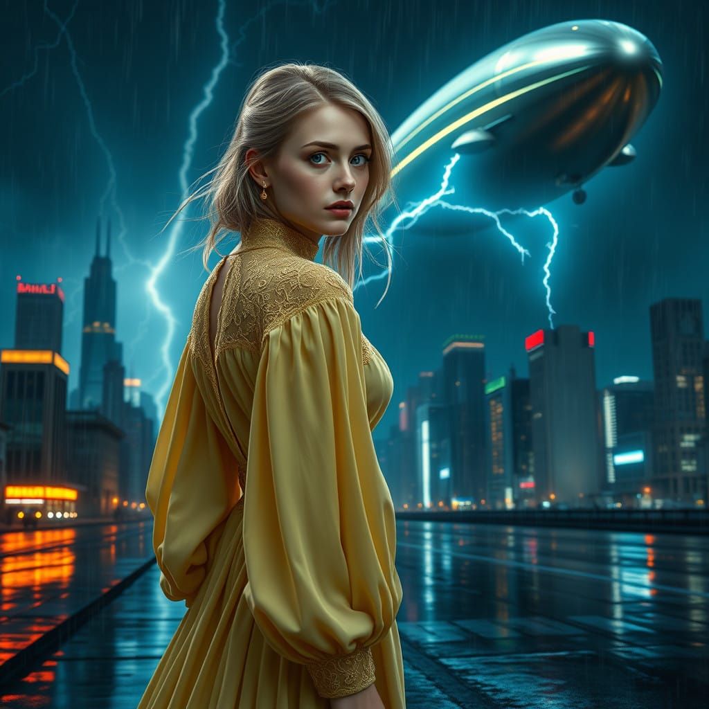Ethereal Victorian Goddess in Cyberpunk Skies