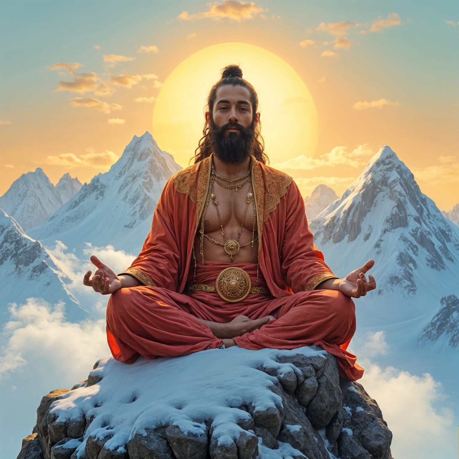 Yogi Meditating on Mountain Peak at Sunrise