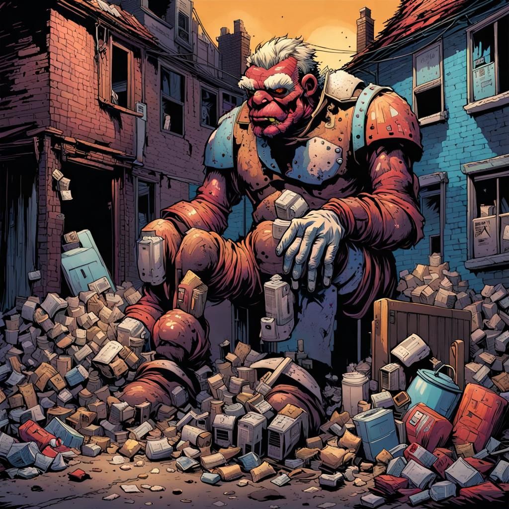 Trash Golem on Derelict Street: Comic Book Art