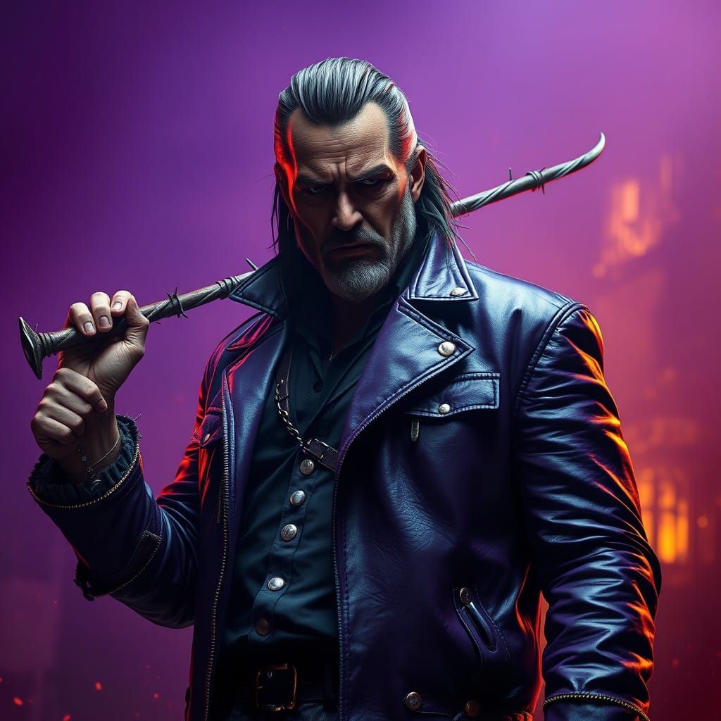 Menacing Figure in Lavish Purple Leather Jacket, Wielding Ba...