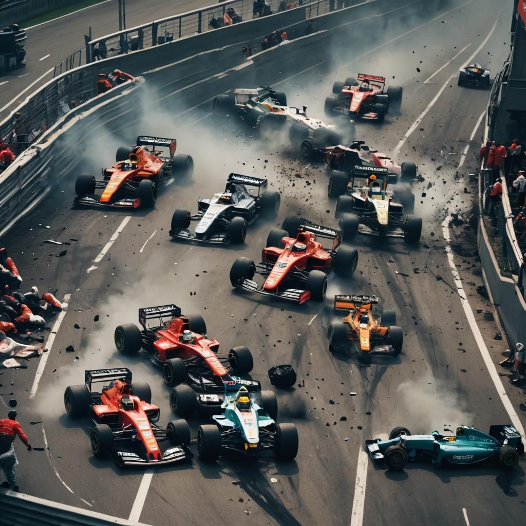 Dramatic Formula One Crash: Cinematic Film Still