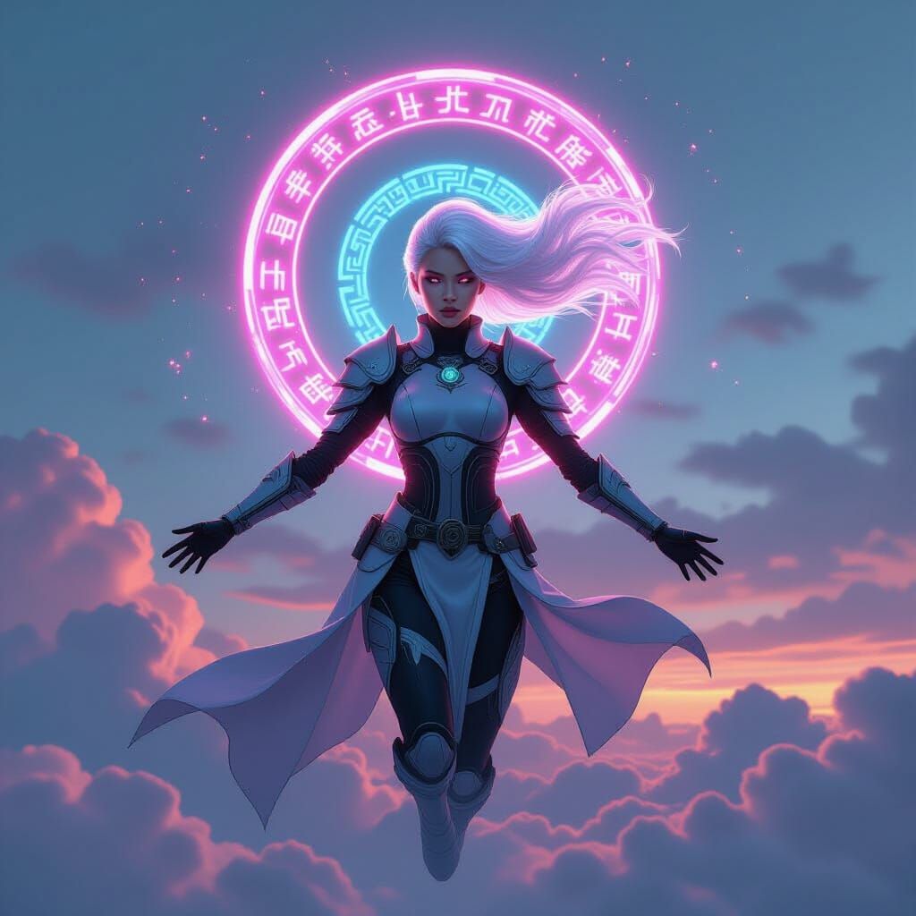 Futuristic Warrior with Rune Halo in Cyberpunk Style