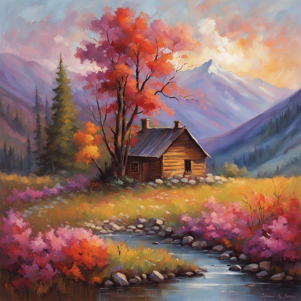 Vibrant Landscape Painting with Rustic House