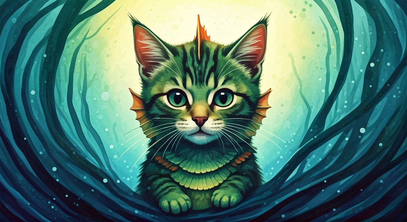 Cute Black Lagoon Kitten in Watercolor Style