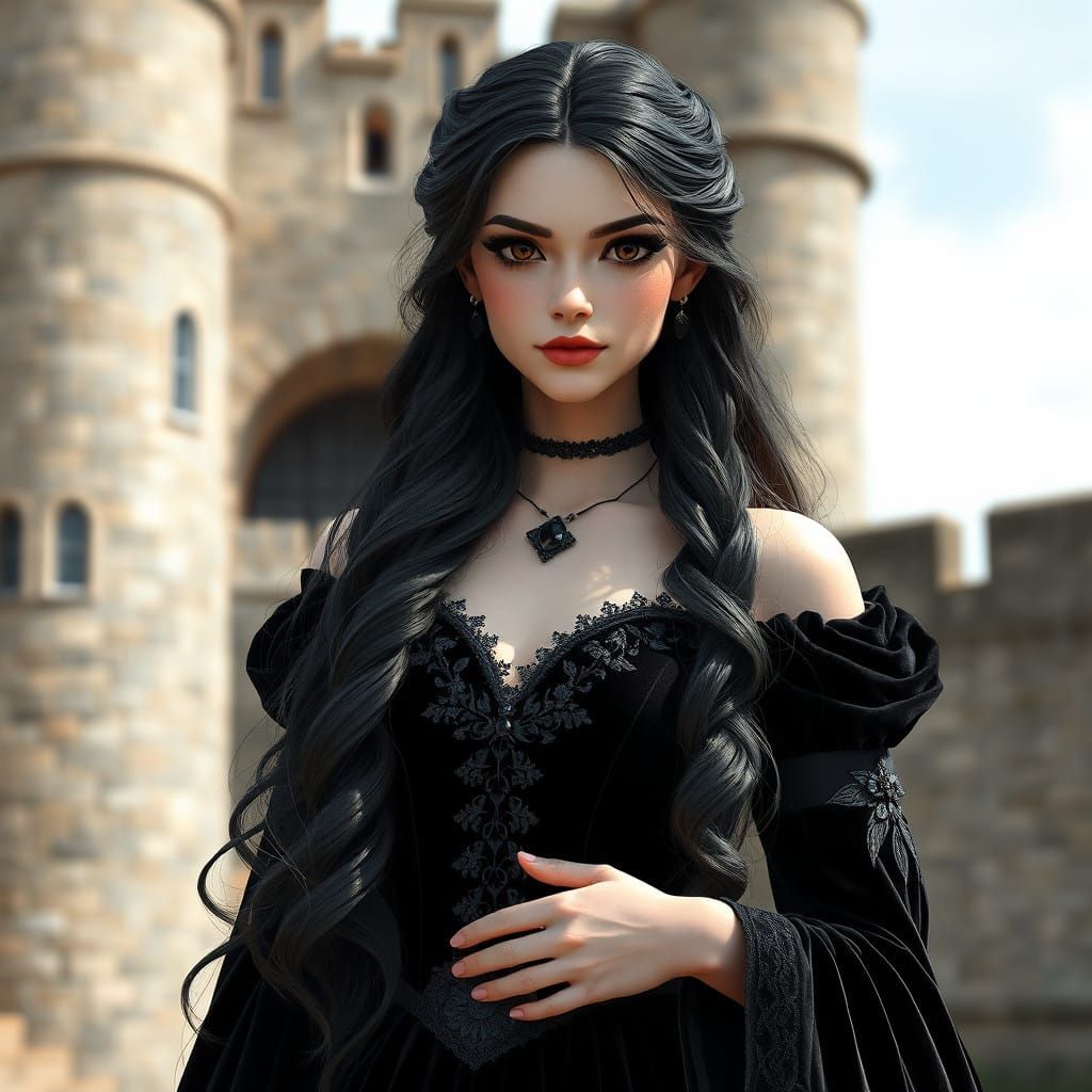 Medieval Princess with Long Wavy Black Hair and Deep Black E...