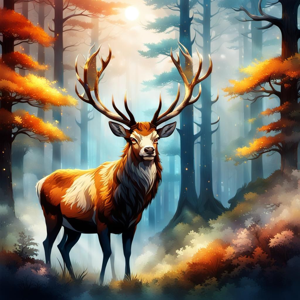 Majestic Stag in Anime Style with Golden Sunlight