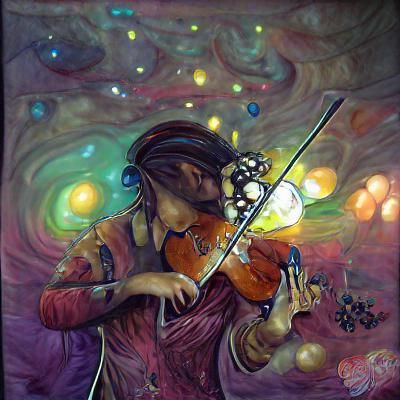 Cosmic Violinist in Detailed Oil Painting Style