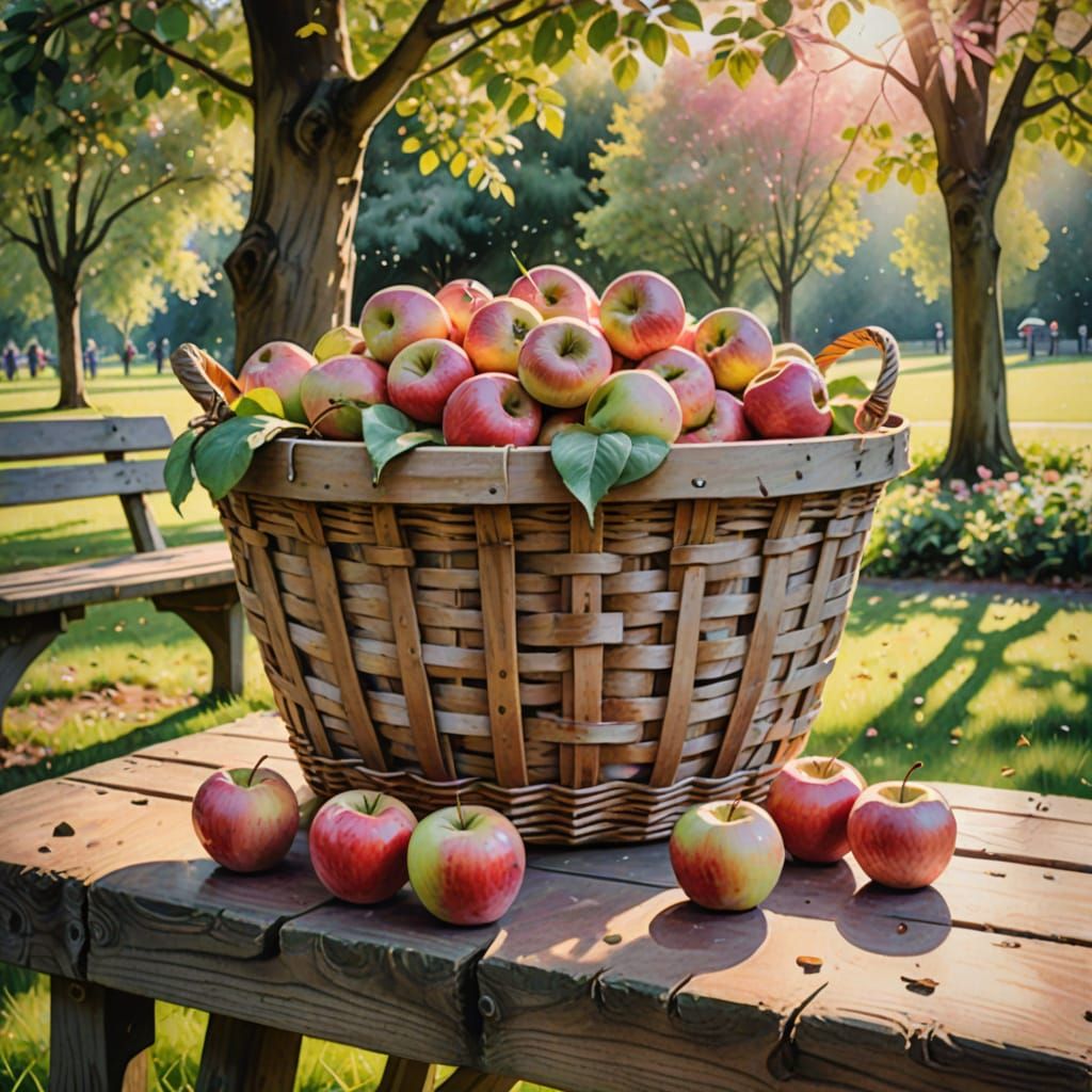 Pink Lady Apples Basket in Park at Sunrise Watercolour