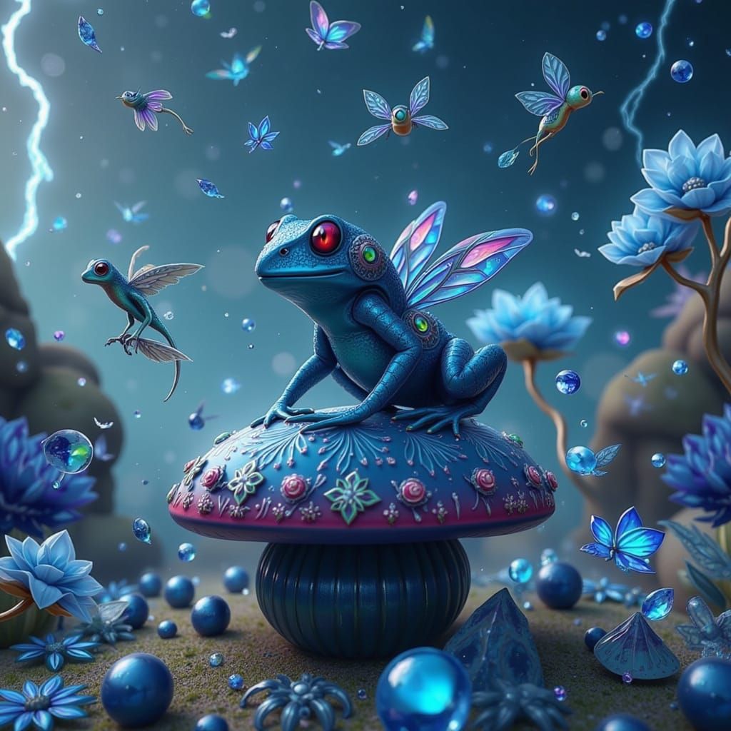 Whimsical Blue Dreamworld with Fantastical Creatures