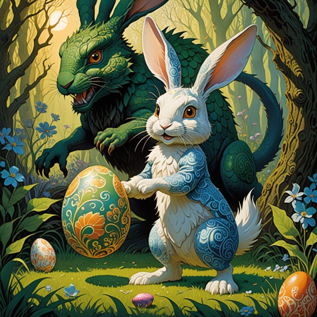 Bunny with Painted Egg Escapes Fantasy Dragon